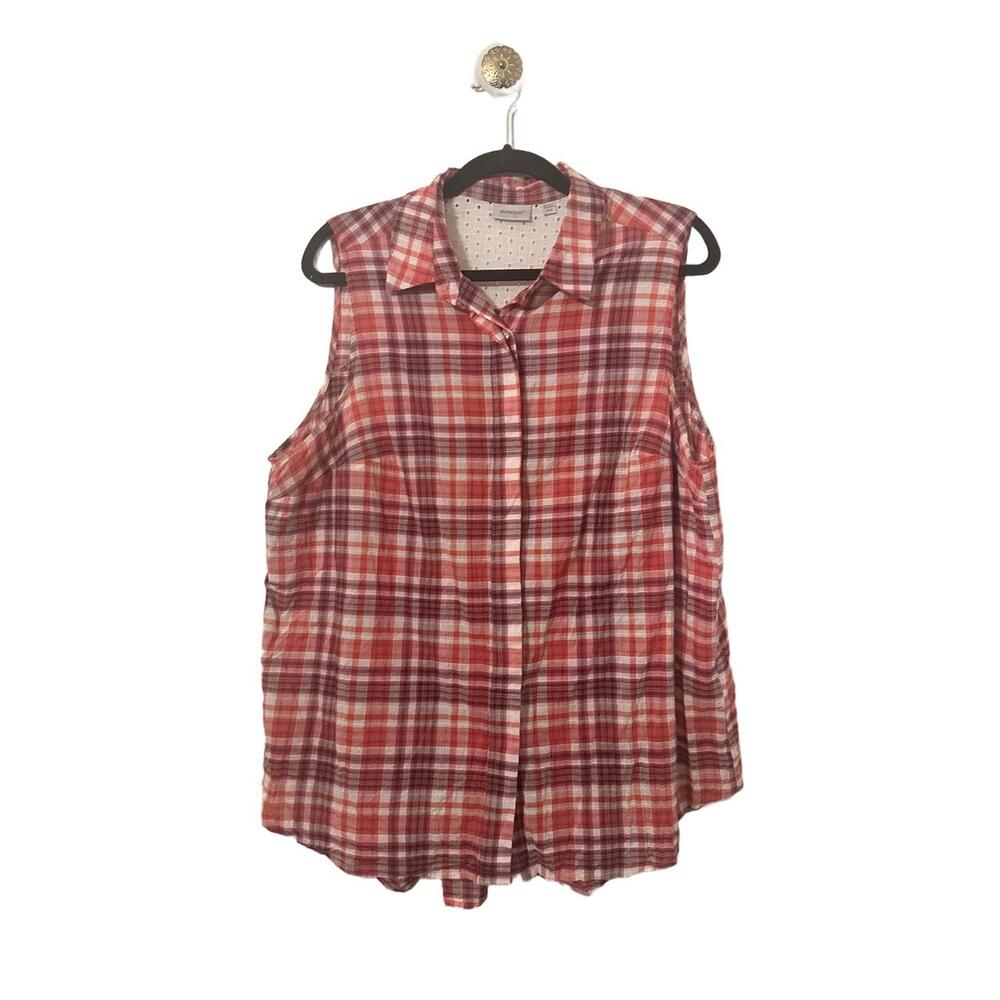 Avenue Womens Blouse Size 18/20 Red Madras Plaid Button-Down Sleeveless Shirt